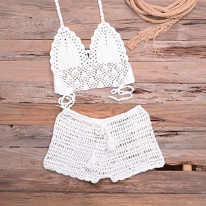 Crochet Bikini Set Tassel Knitting Tube Up Two Pieces Push-Up Swimsuit Halter Bandage Swimwear Beach Bath Suit Bikinis