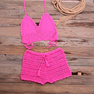 Crochet Bikini Set Tassel Knitting Tube Up Two Pieces Push-Up Swimsuit Halter Bandage Swimwear Beach Bath Suit Bikinis