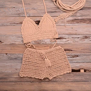 Crochet Bikini Set Tassel Knitting Tube Up Two Pieces Push-Up Swimsuit Halter Bandage Swimwear Beach Bath Suit Bikinis