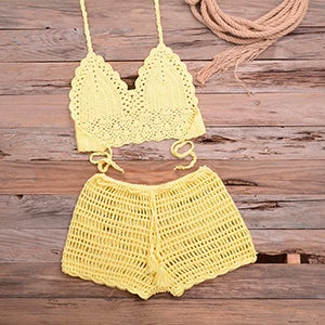 Crochet Bikini Set Tassel Knitting Tube Up Two Pieces Push-Up Swimsuit Halter Bandage Swimwear Beach Bath Suit Bikinis