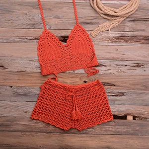 Crochet Bikini Set Tassel Knitting Tube Up Two Pieces Push-Up Swimsuit Halter Bandage Swimwear Beach Bath Suit Bikinis