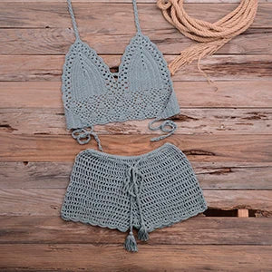 Crochet Bikini Set Tassel Knitting Tube Up Two Pieces Push-Up Swimsuit Halter Bandage Swimwear Beach Bath Suit Bikinis