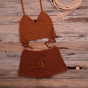 Crochet Bikini Set Tassel Knitting Tube Up Two Pieces Push-Up Swimsuit Halter Bandage Swimwear Beach Bath Suit Bikinis