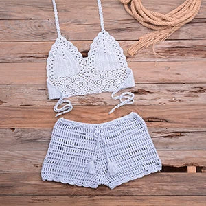 Crochet Bikini Set Tassel Knitting Tube Up Two Pieces Push-Up Swimsuit Halter Bandage Swimwear Beach Bath Suit Bikinis