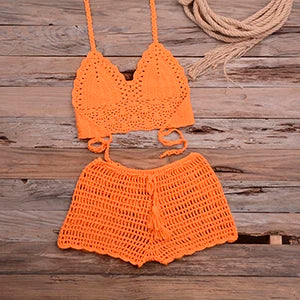 Crochet Bikini Set Tassel Knitting Tube Up Two Pieces Push-Up Swimsuit Halter Bandage Swimwear Beach Bath Suit Bikinis