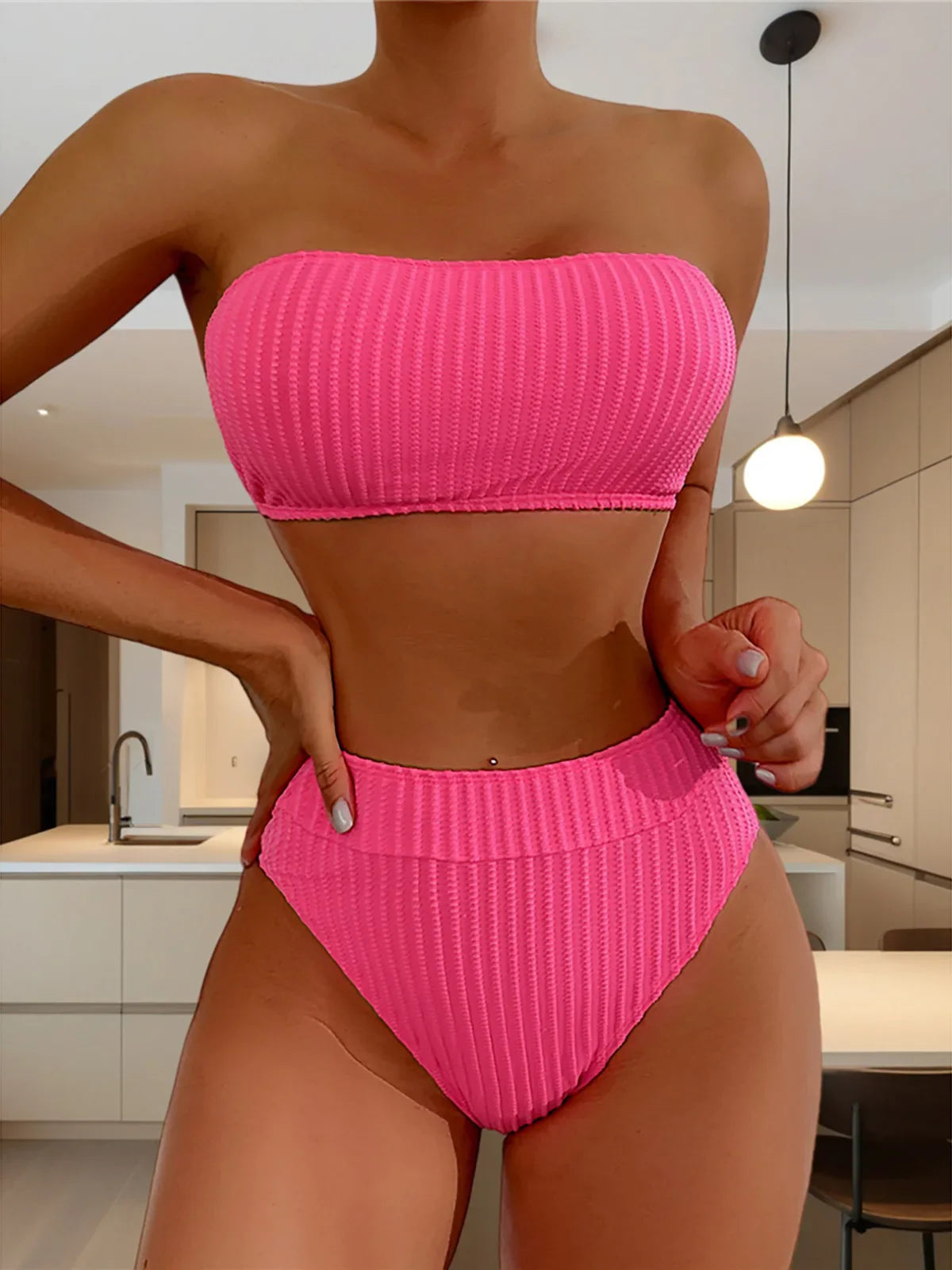 S - XL Bandeau Wrinkled Female Swimsuit High Waist Bikini Women Swimwear Two-pieces Bikini set Bather Bathing Suit Swim K5904