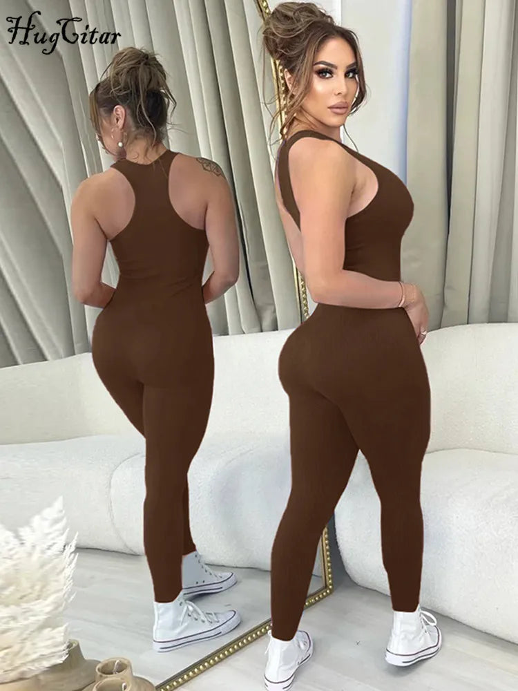 Hugcitar 2024 Solid Straps Sleeveless Zipper Sexy Bodycon One Piece Jumpsuit Summer Women Fashion Romper Streetwear Sport Gym